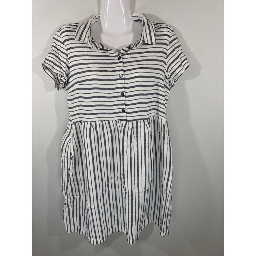 Esmara Women Black White Striped Linen Blend‎ Shirt Dress Size 8 Preppy Coastal